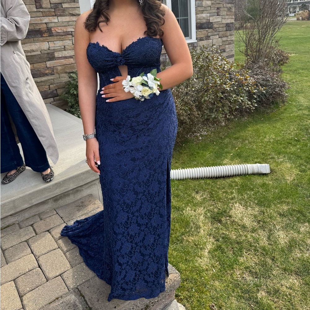Sherri Hill Navy Lace Strapless Prom Gown